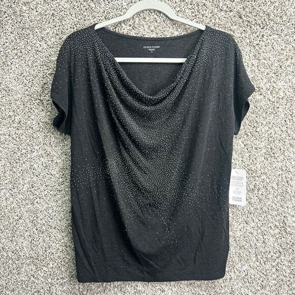 Eileen Fisher Top Women’s M Gray Beaded Jersey Drape Neck Short Sleeve Tunic NWT